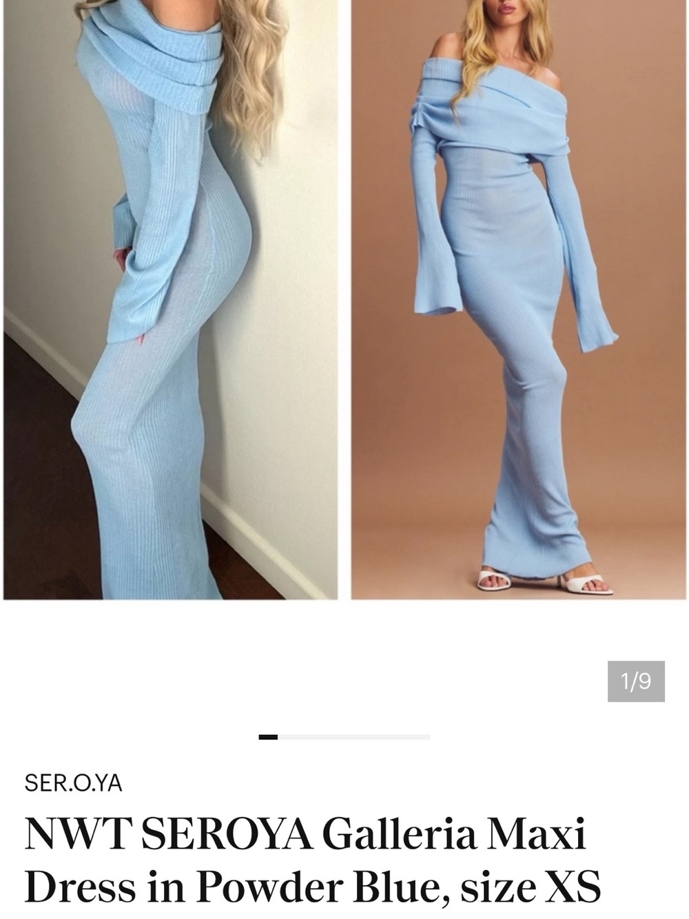 SER.O.YA Powder Blue Off-Shoulder Ribbed Maxi Dress
